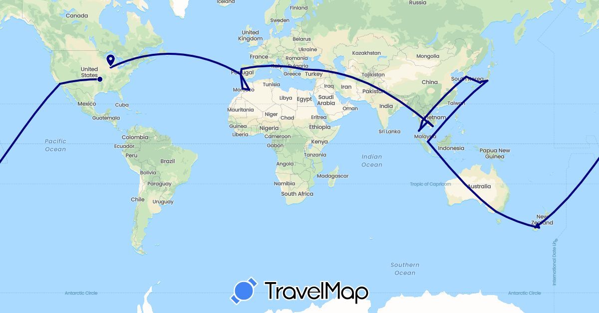 TravelMap itinerary: driving in Australia, Japan, Cambodia, South Korea, Morocco, New Zealand, Portugal, Singapore, Thailand, Turkey, United States, Vietnam (Africa, Asia, Europe, North America, Oceania)